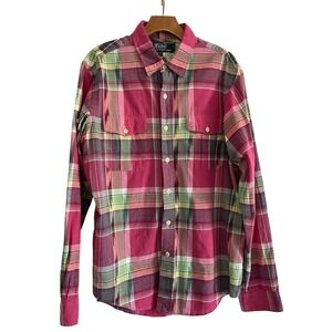 VTG Polo Ralph Lauren Pink Plaid Roll Tab Button Long‎ Sleeve Shirt Preppy  L